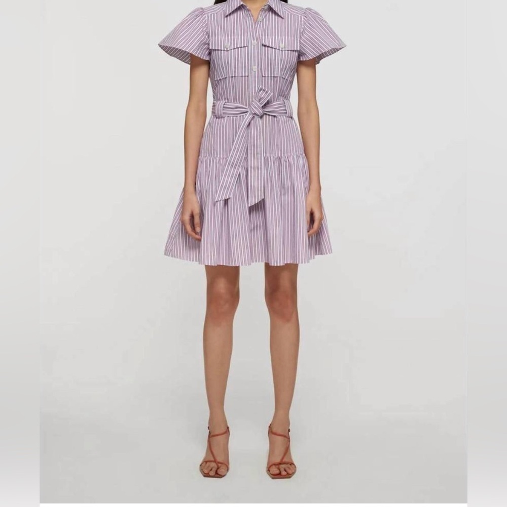 DEREK LAM 10 CROSBY Pei Striped Cotton Mini Shirtdress Color: RED MULTI 2